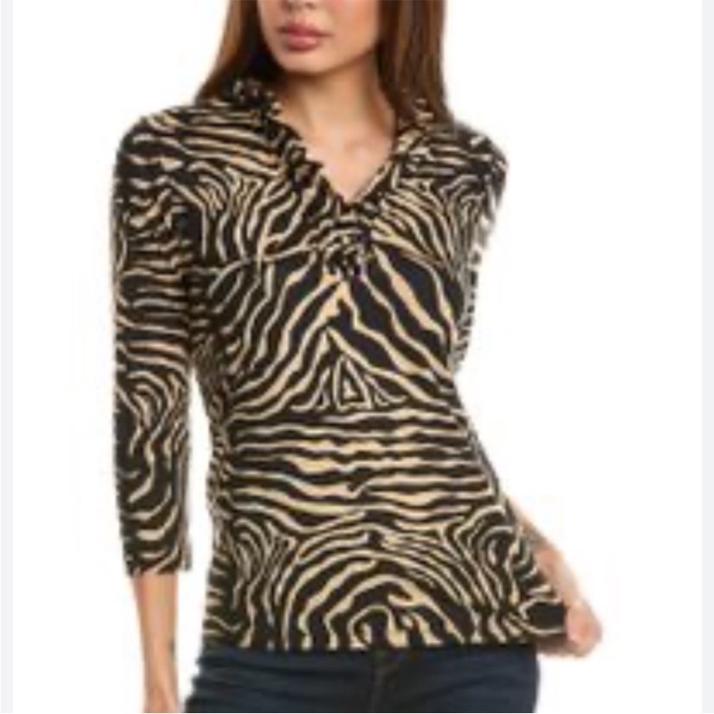 J. Mclaughlin zebra print Durham ruffled Catalina Cloth‎ 3/4 sleeve tee Size XS